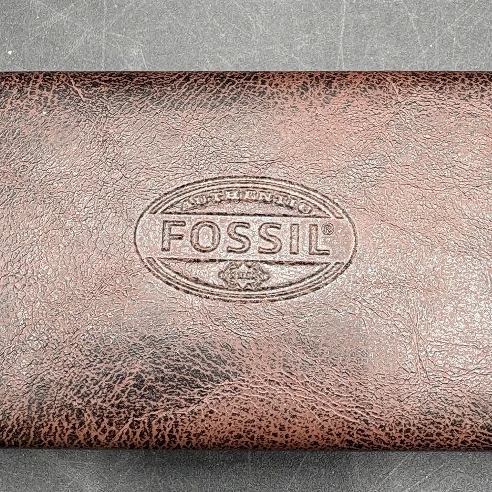 Vintage Fossil Brown Leather Eyeglasses Sunglasses Hard Clam Shell Case